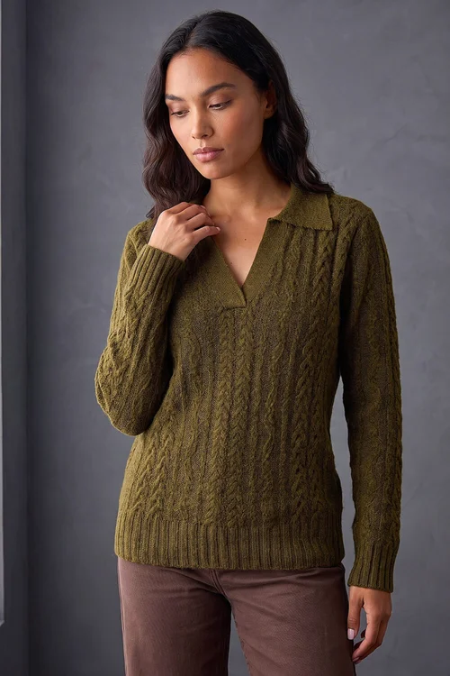 Roman Olive Cable Knit Henley Jumper - 14 Image 1