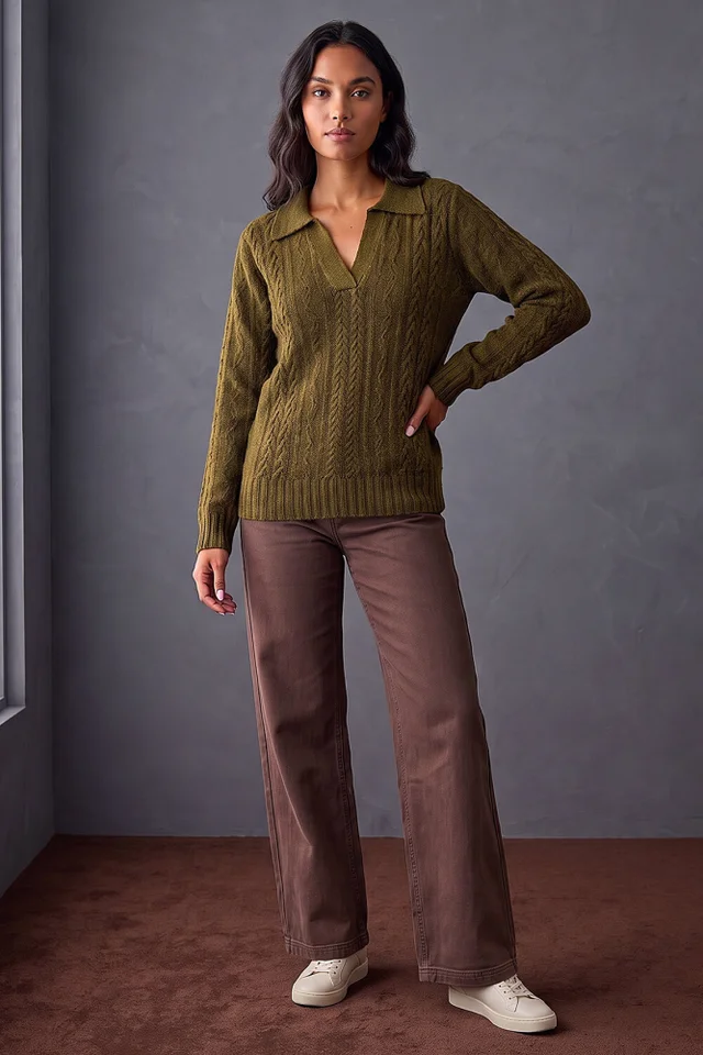 Roman Olive Cable Knit Henley Jumper