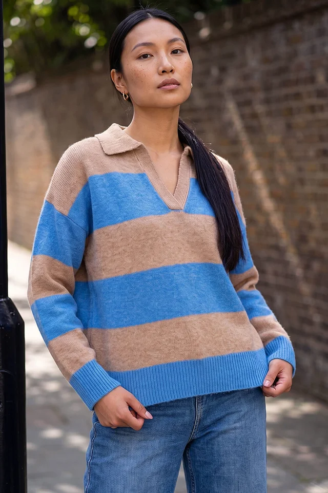 Roman Blue Stripe Polo Knitted Jumper