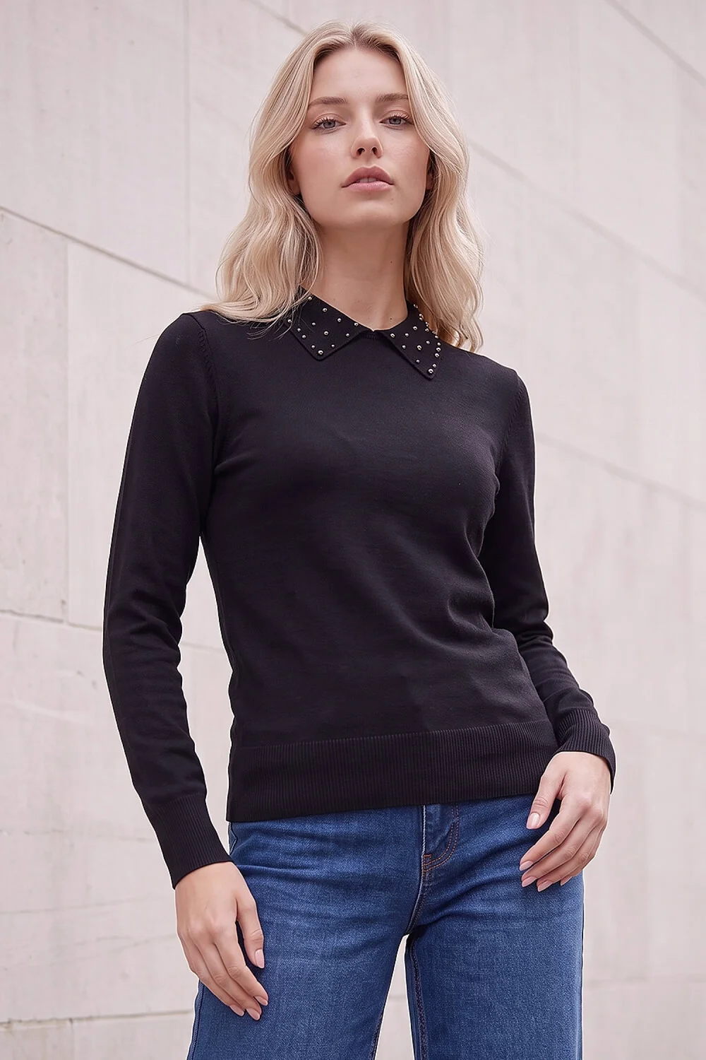Roman Black Petite Faux Pearl Collared Knit Jumper - 12 Image 1
