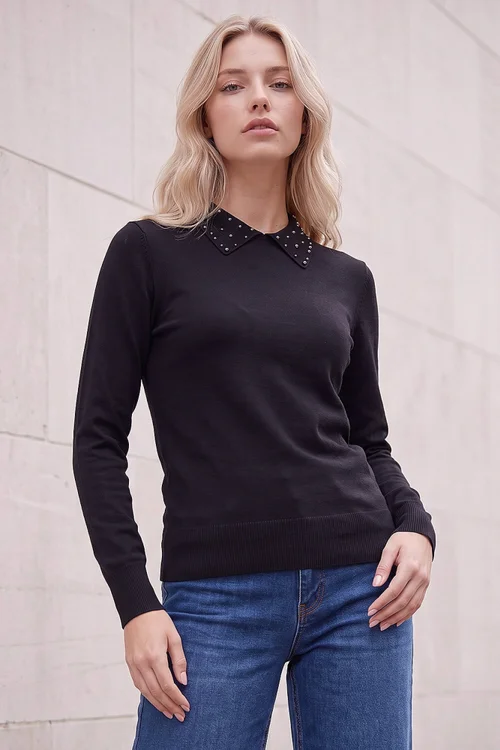 Roman Black Petite Faux Pearl Collared Knit Jumper - 12 Image 1