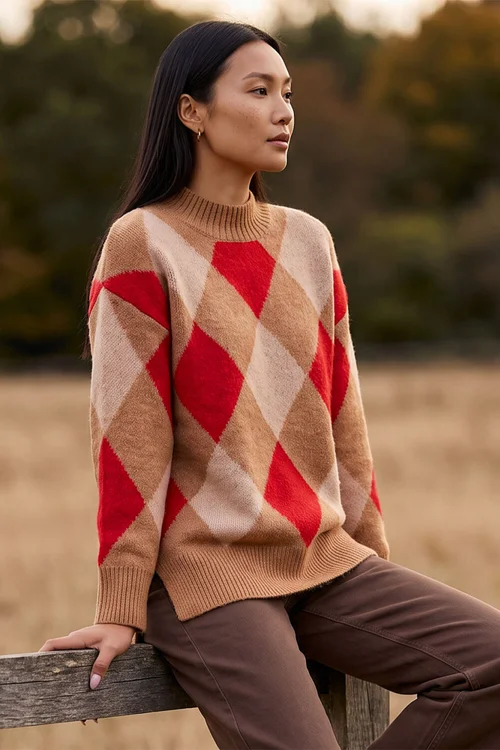 Roman Camel Diamond Argyle Knit - 10 Image 1