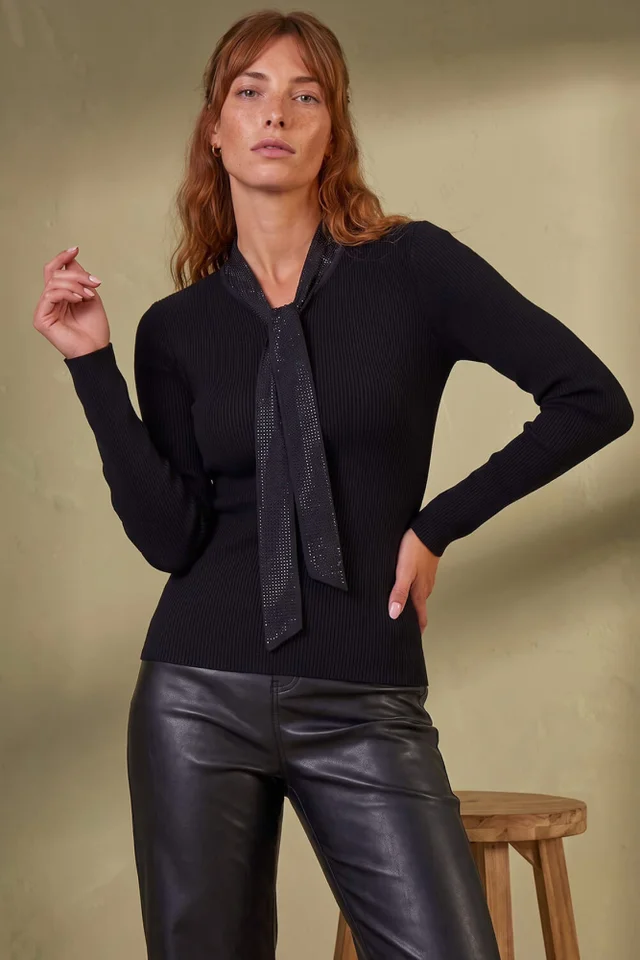 Roman Black Hotfix Tie Knit Top
