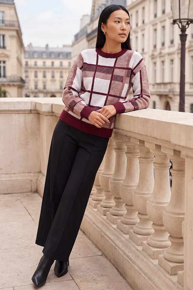 Roman Burgundy Knit Check Jumper