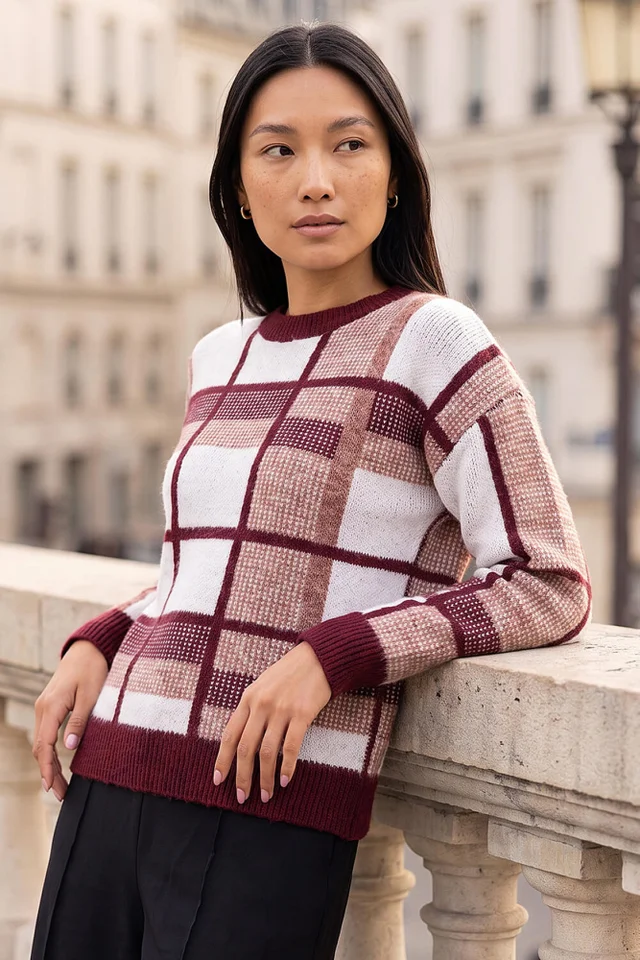 Roman Burgundy Knit Check Jumper