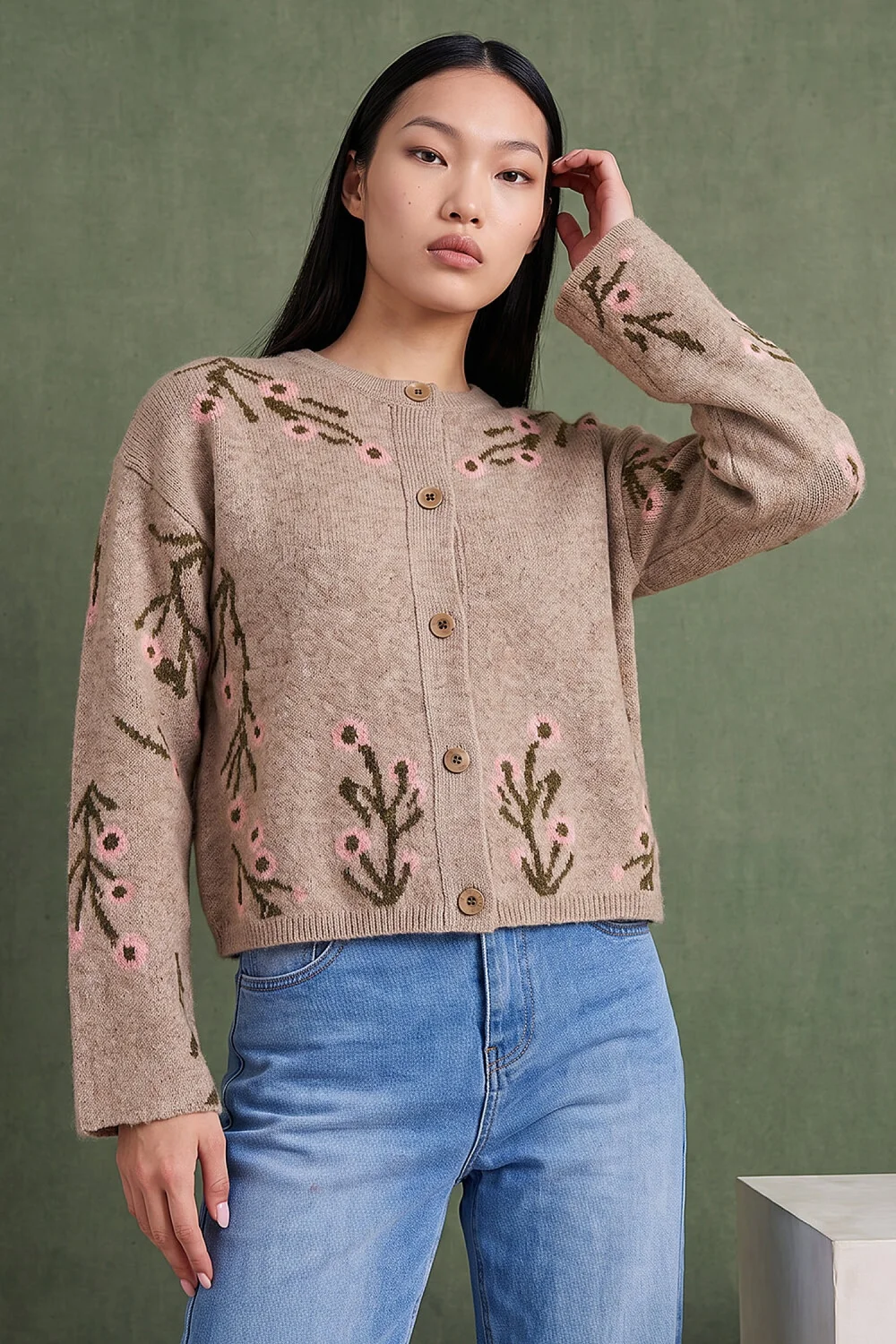 Dusk Beige Floral Knitted Cardigan - 12 Image 2