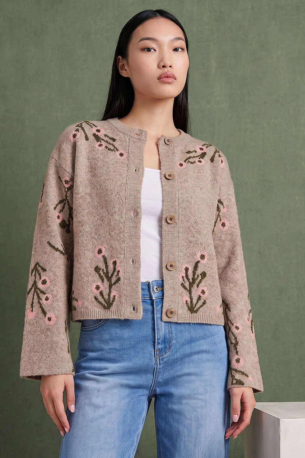 Dusk Beige Floral Knitted Cardigan - 12 Image 1