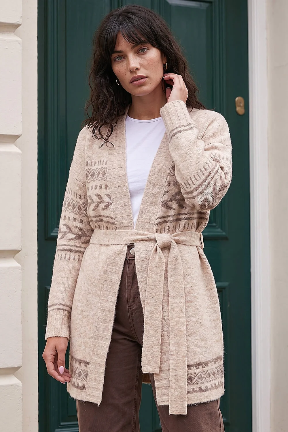 Roman Beige Pattern Belted Cardigan - 20 Image 2