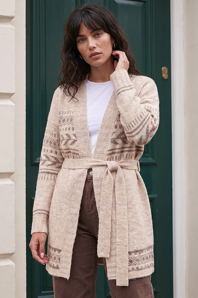 Roman Beige Pattern Belted Cardigan