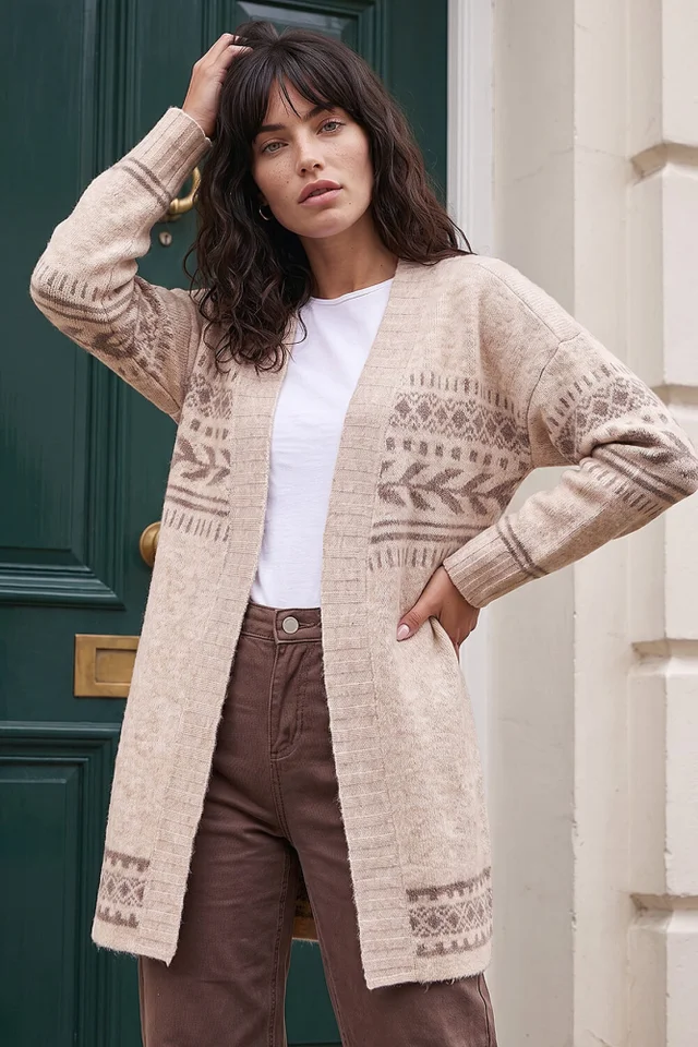 Roman Beige Pattern Belted Cardigan
