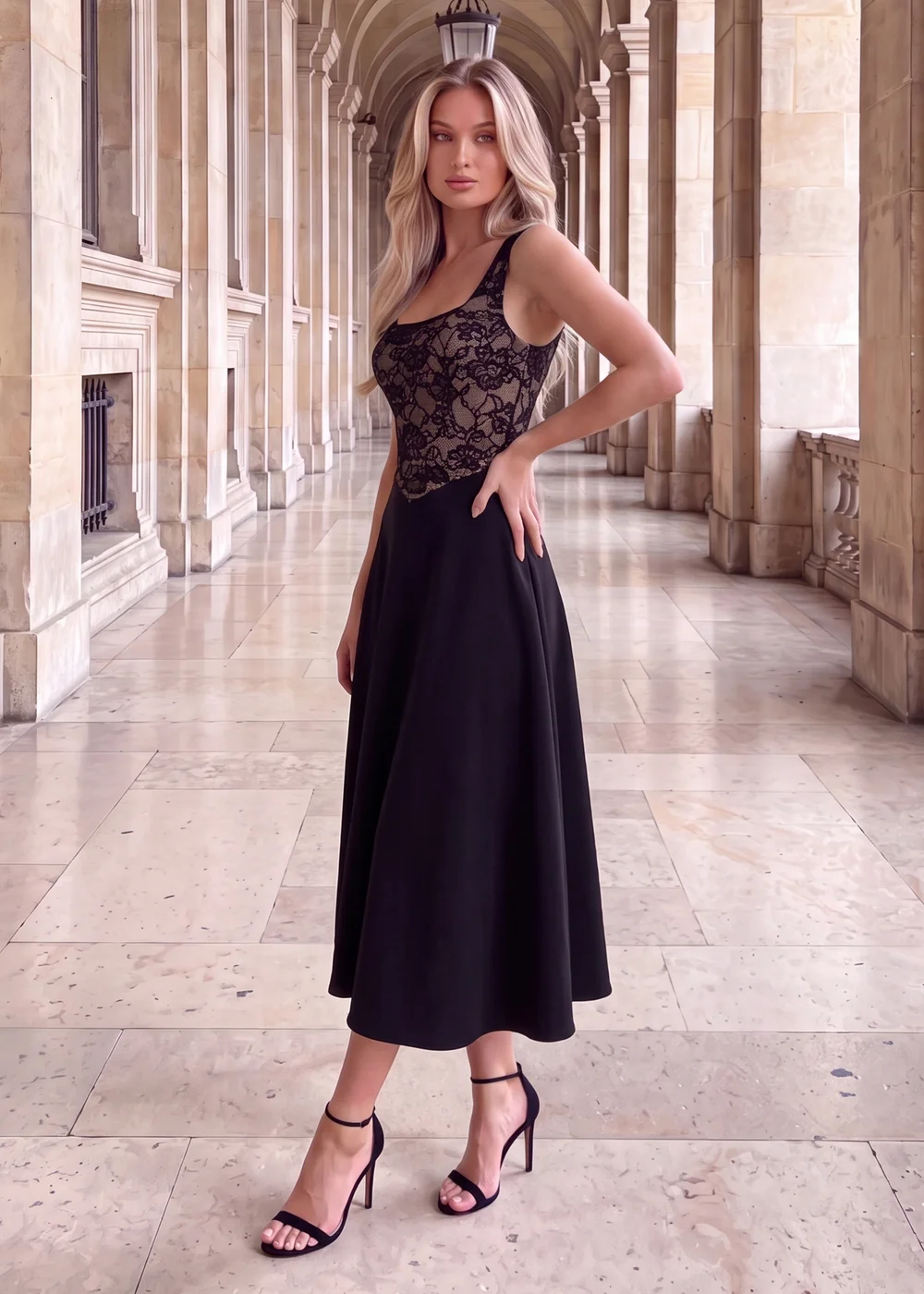 AX Paris Black 2 in 1 Contrast Lace A-Line Midi Dress - 8 Image 3