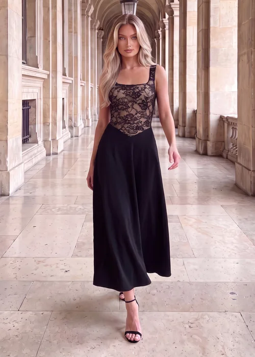 AX Paris Black 2 in 1 Contrast Lace A-Line Midi Dress - 8 Image 2