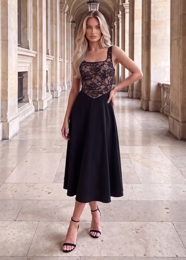 AX Paris Black 2 in 1 Contrast Lace A-Line Midi Dress