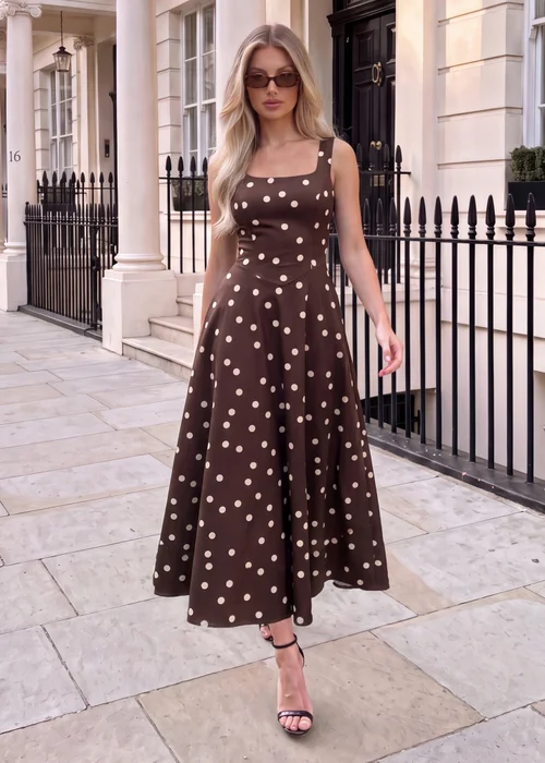 AX Paris Chocolate Polka Dot Square Neck A-Line Midi Dress - 8 Image 1