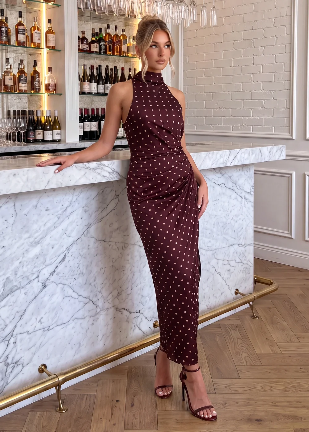AX Paris Burgundy Polka Dot Satin Ruched Midi Dress - 8 Image 1