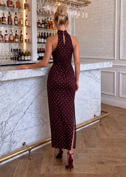 AX Paris Burgundy Polka Dot Satin Ruched Midi Dress - 8 Image 4