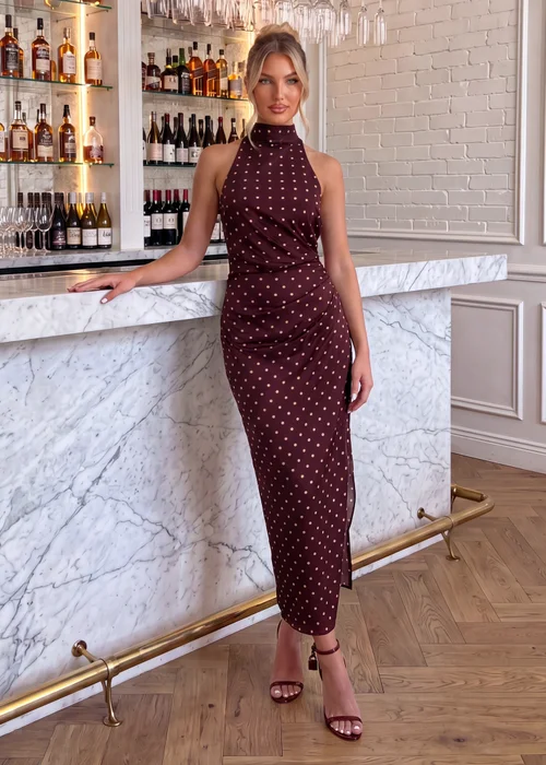 AX Paris Burgundy Polka Dot Satin Ruched Midi Dress - 8 Image 2