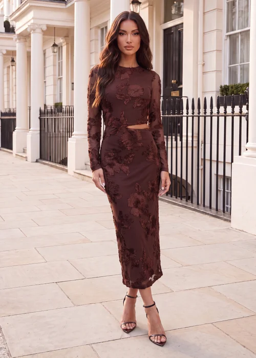 AX Paris Chocolate Floral Embroidered Cut out Midi Dress - 16 Image 1