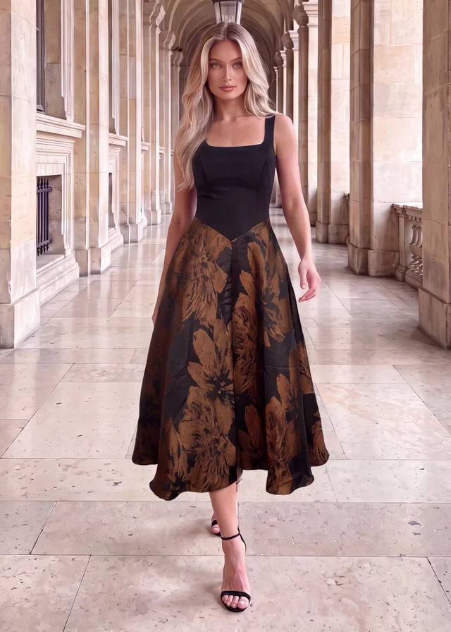 AX Paris Black Floral Jacquard A-Line Midi Dress