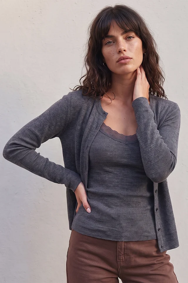 Roman Charcoal Lace Trim 2 In 1 Cardigan