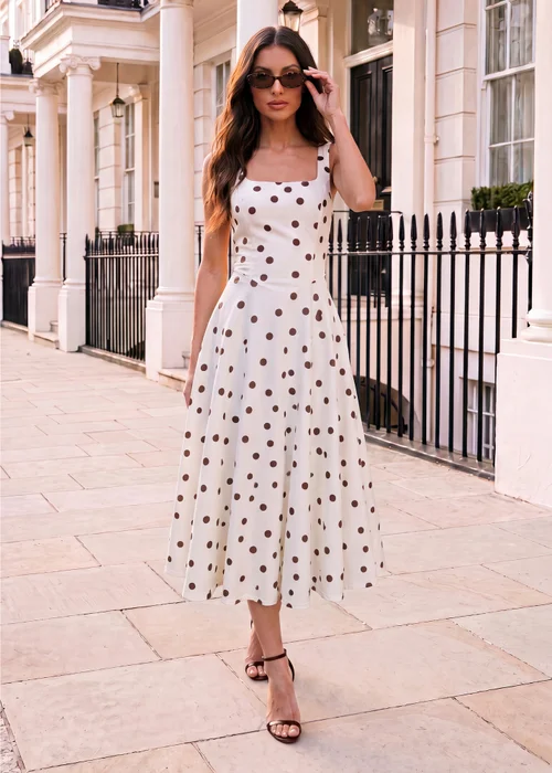 AX Paris Cream And Chocolate Polka Dot Square Neck A-line Midi Dress - 16 Image 1