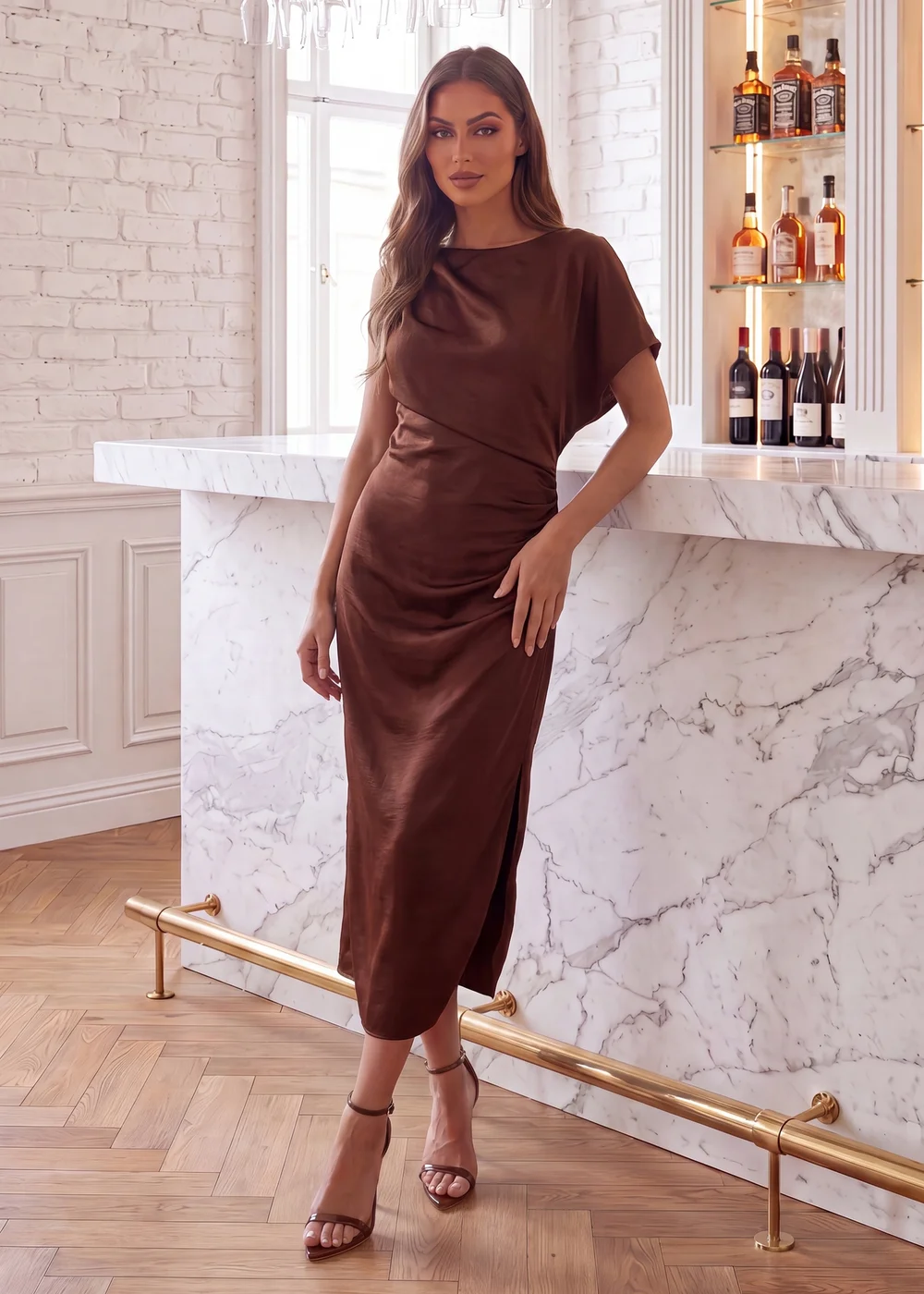 AX Paris Chocolate Satin One Sleeve Ruched Midi Dress - 10 Image 1