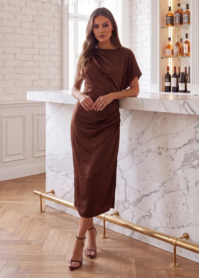 AX Paris Chocolate Satin One Sleeve Ruched Midi Dress