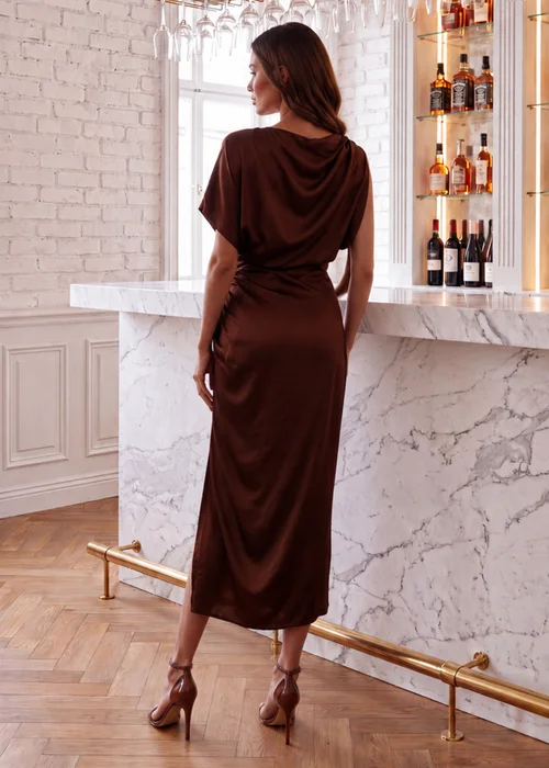 AX Paris Chocolate Satin One Sleeve Ruched Midi Dress - 10 Image 4