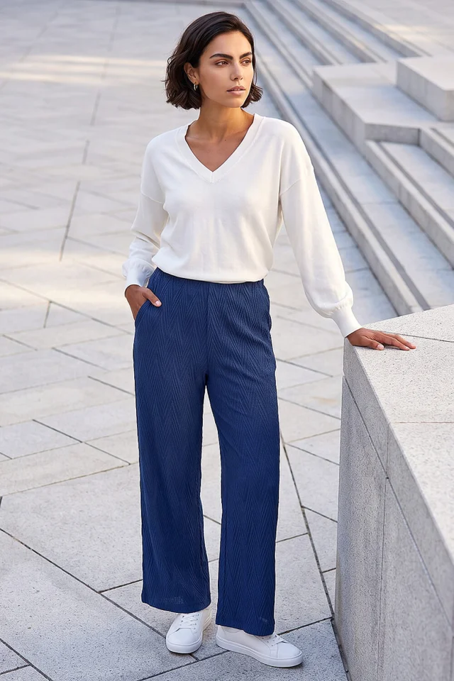 Roman Navy Chevron Textured Stretch Trouser