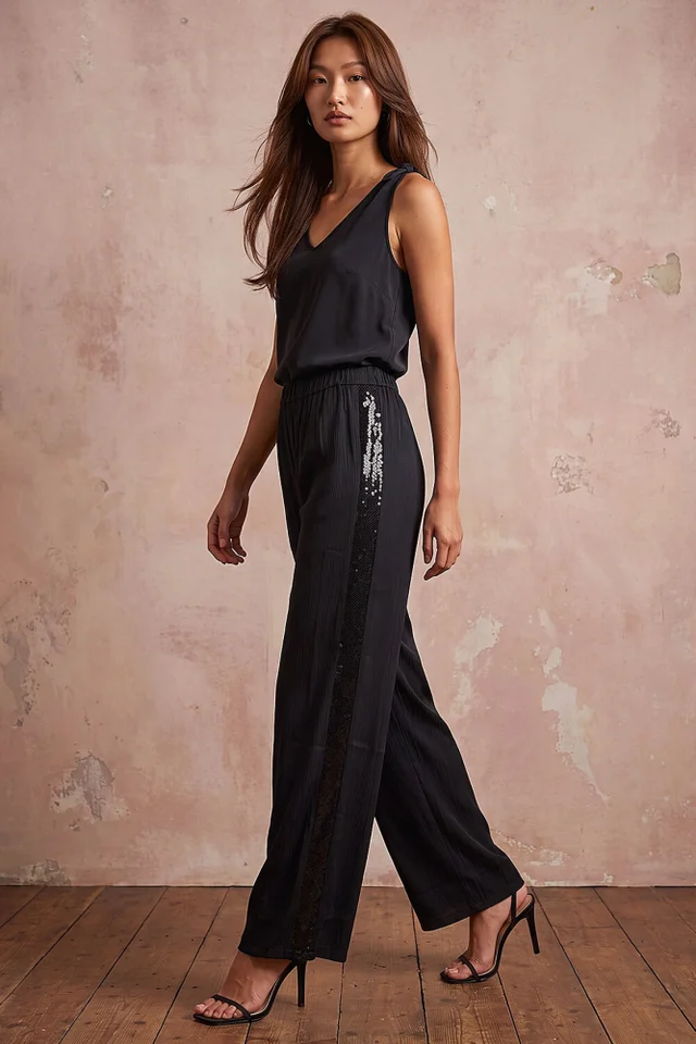 Roman Black Sequin Side Stripe Wide Leg Trouser
