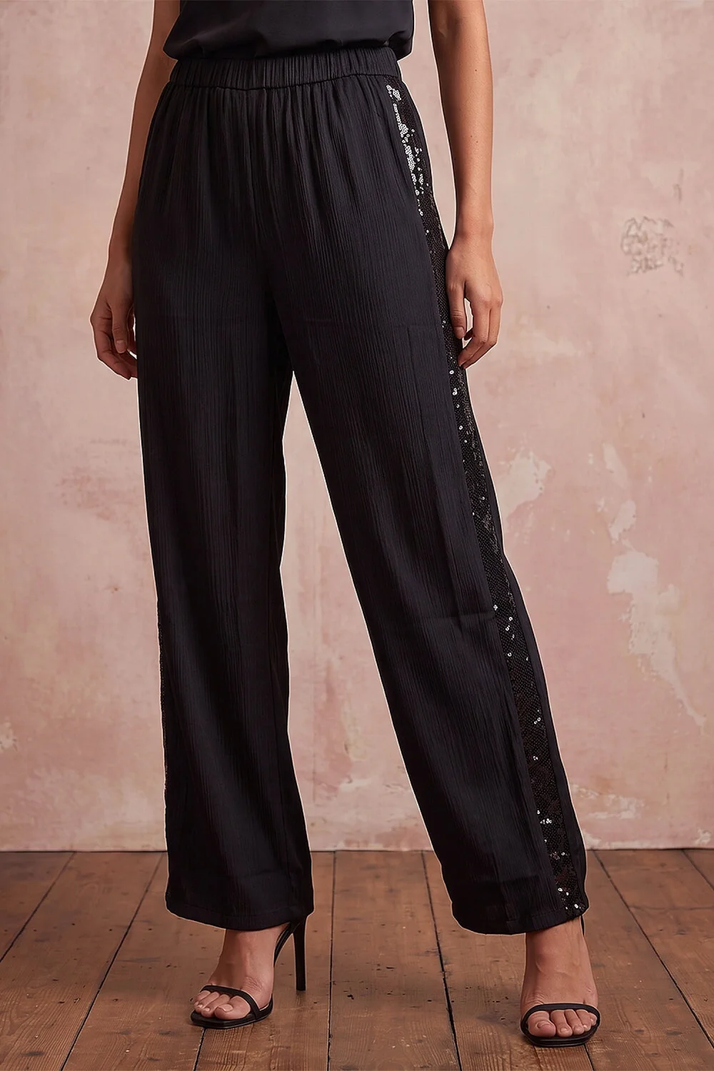 Roman Black Sequin Side Stripe Wide Leg Trouser - 14 Image 1