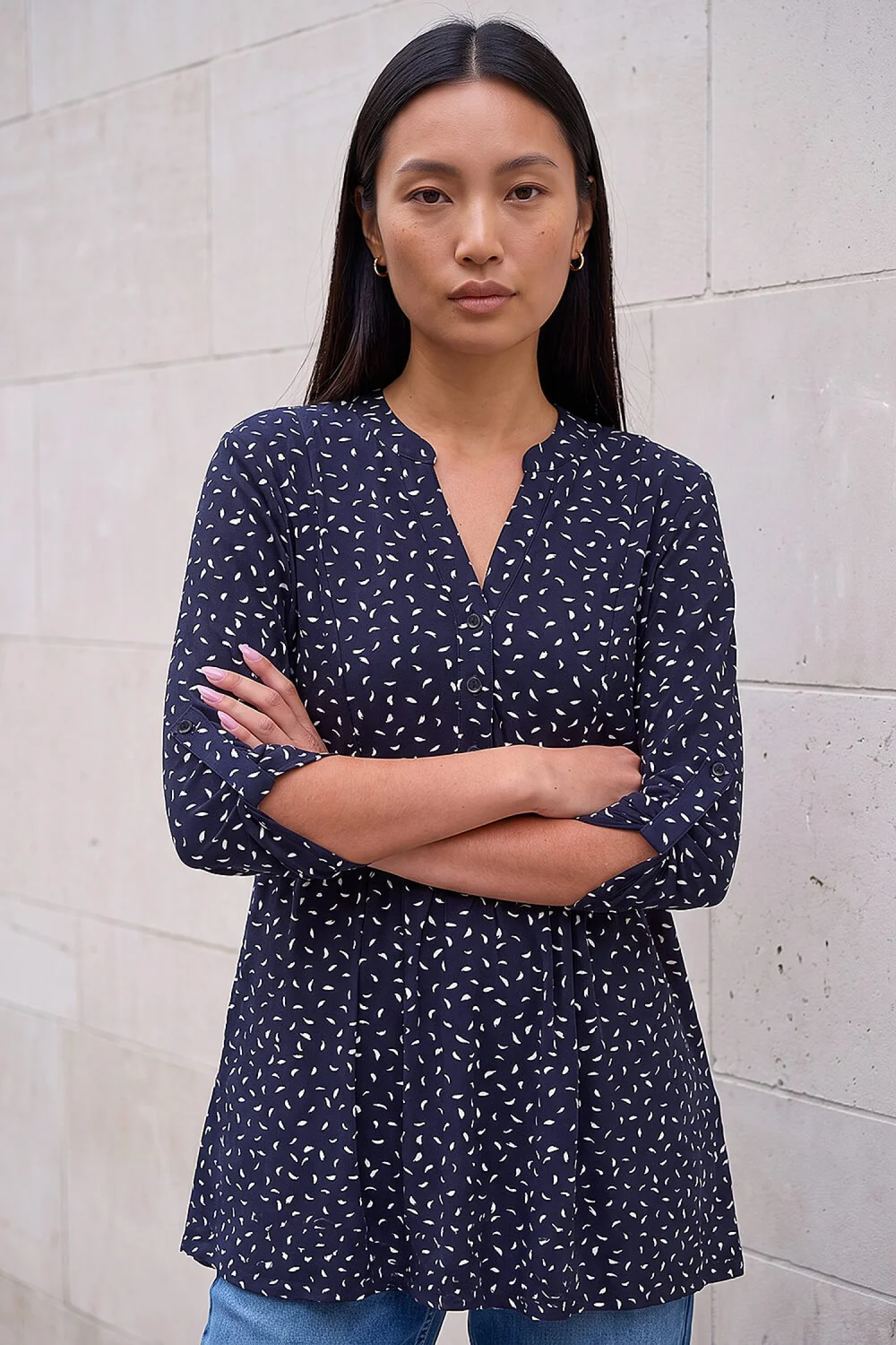 Roman Navy Ditsy Spot Puff Print Tunic Top - 14 Image 1