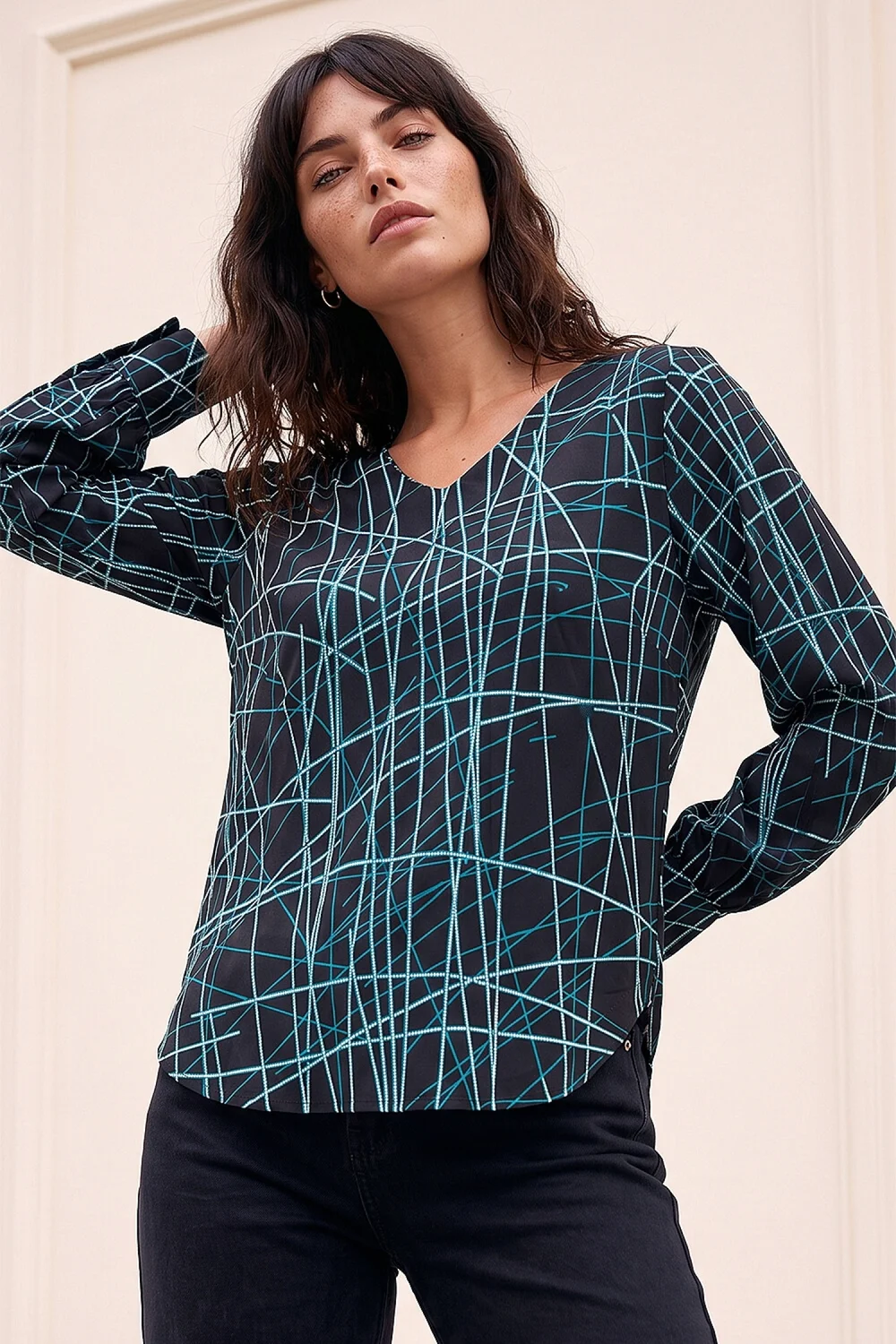 Roman Teal V-Neck Abstract Puff Print Top - 14 Image 1