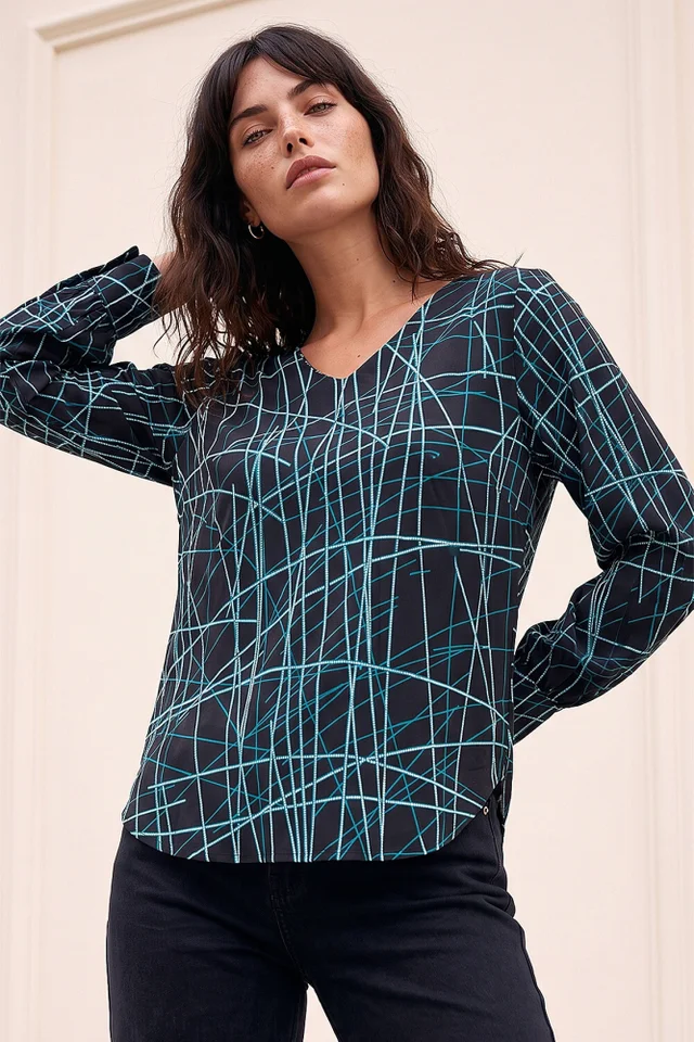 Roman Teal V-Neck Abstract Puff Print Top