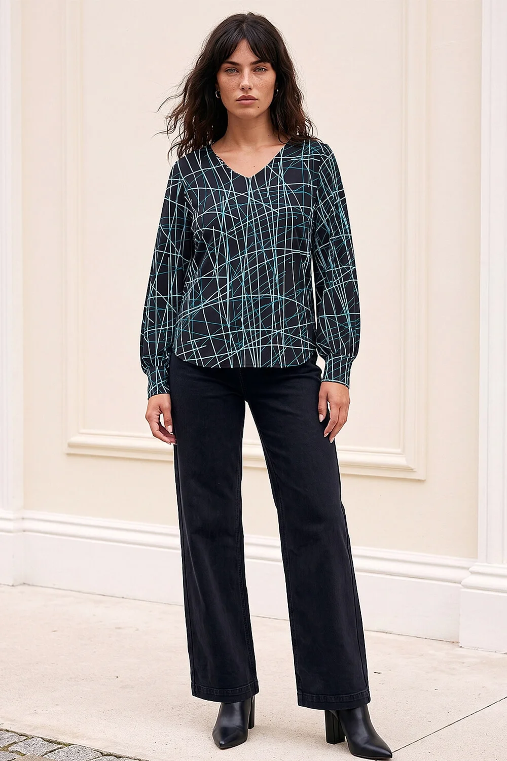 Roman Teal V-Neck Abstract Puff Print Top - 14 Image 2