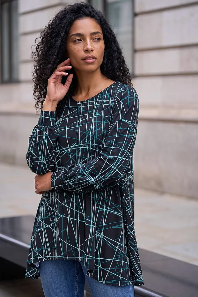 Roman Teal Abstract Geometric Tunic Top