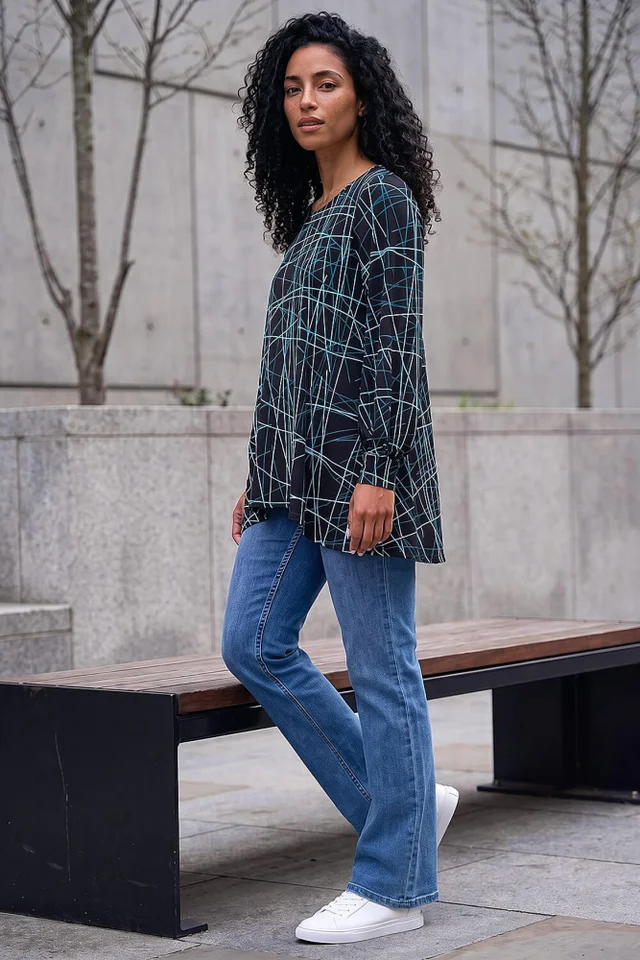 Roman Teal Abstract Geometric Tunic Top