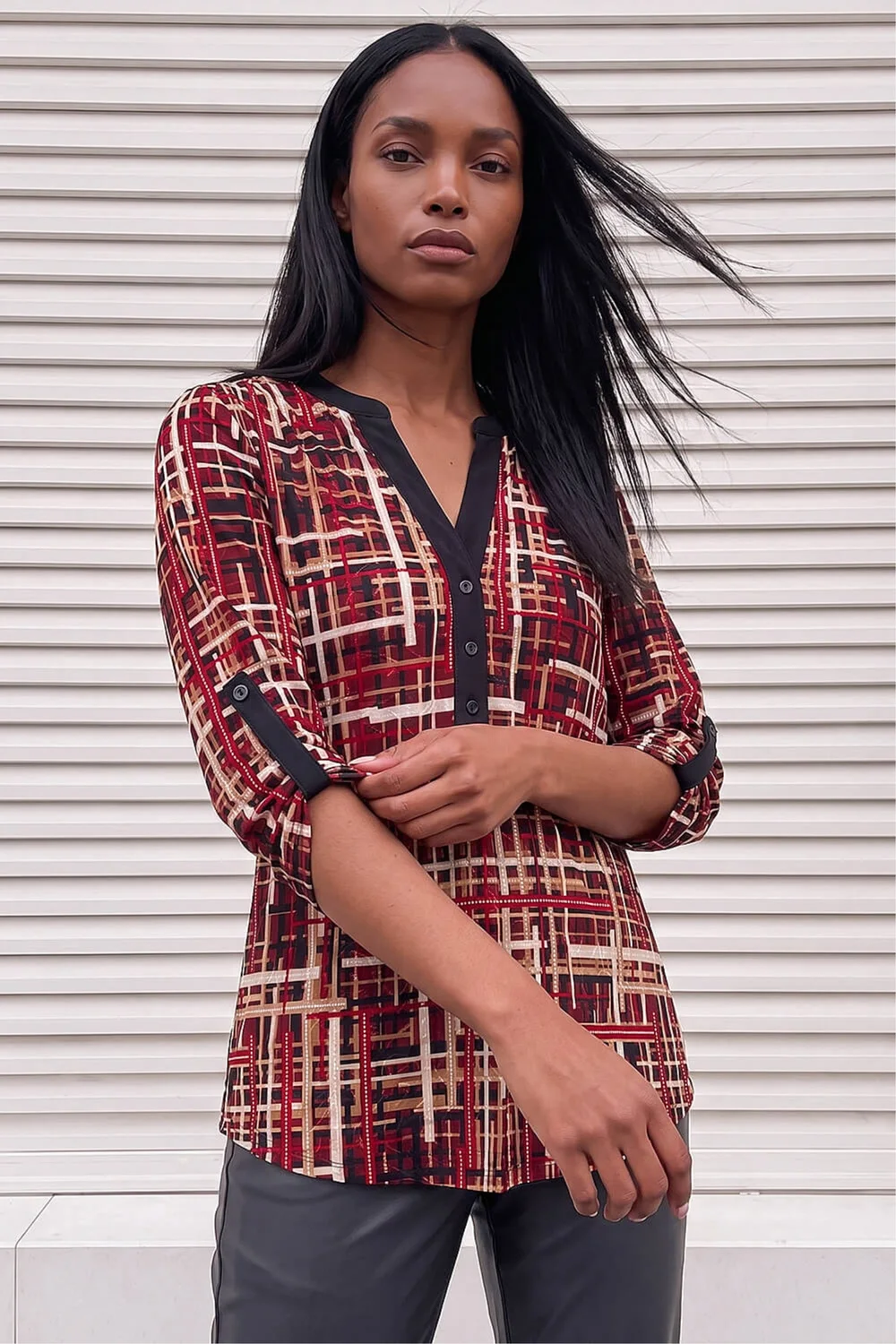 Roman Red Modern Plaid Print Shirt - 14 Image 2
