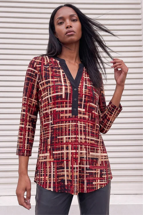 Roman Red Modern Plaid Print Shirt - 14 Image 1