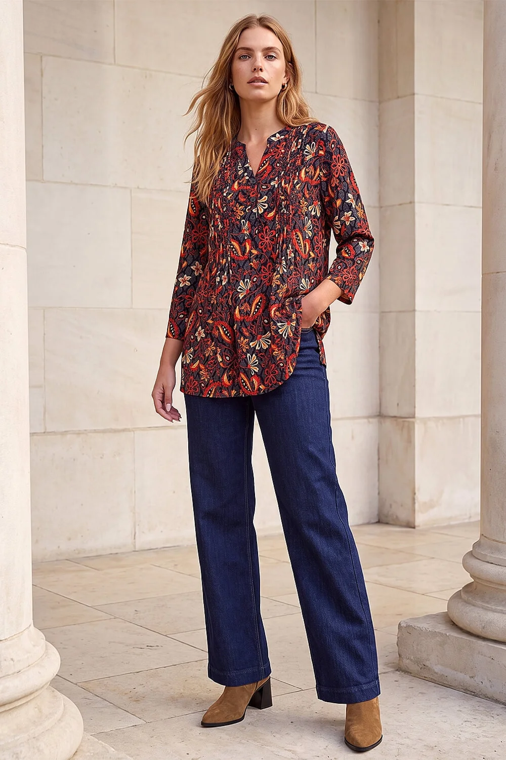 Roman Copper Geo Floral Print Pintuck Shirt - 18 Image 2