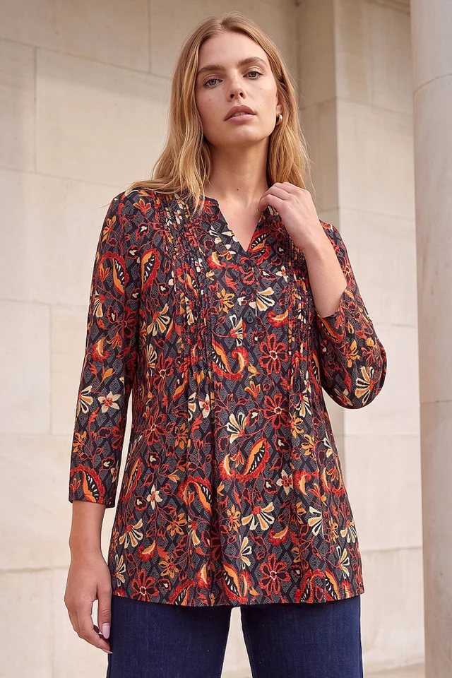 Roman Copper Geo Floral Print Pintuck Shirt