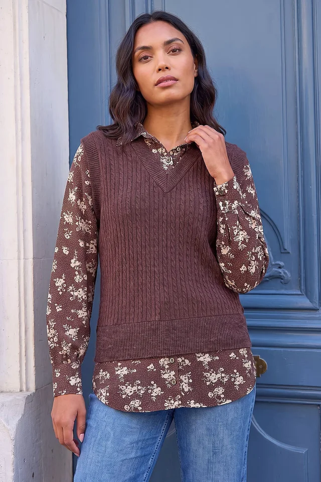Roman Chocolate Ditsy Print 2 in 1 Top