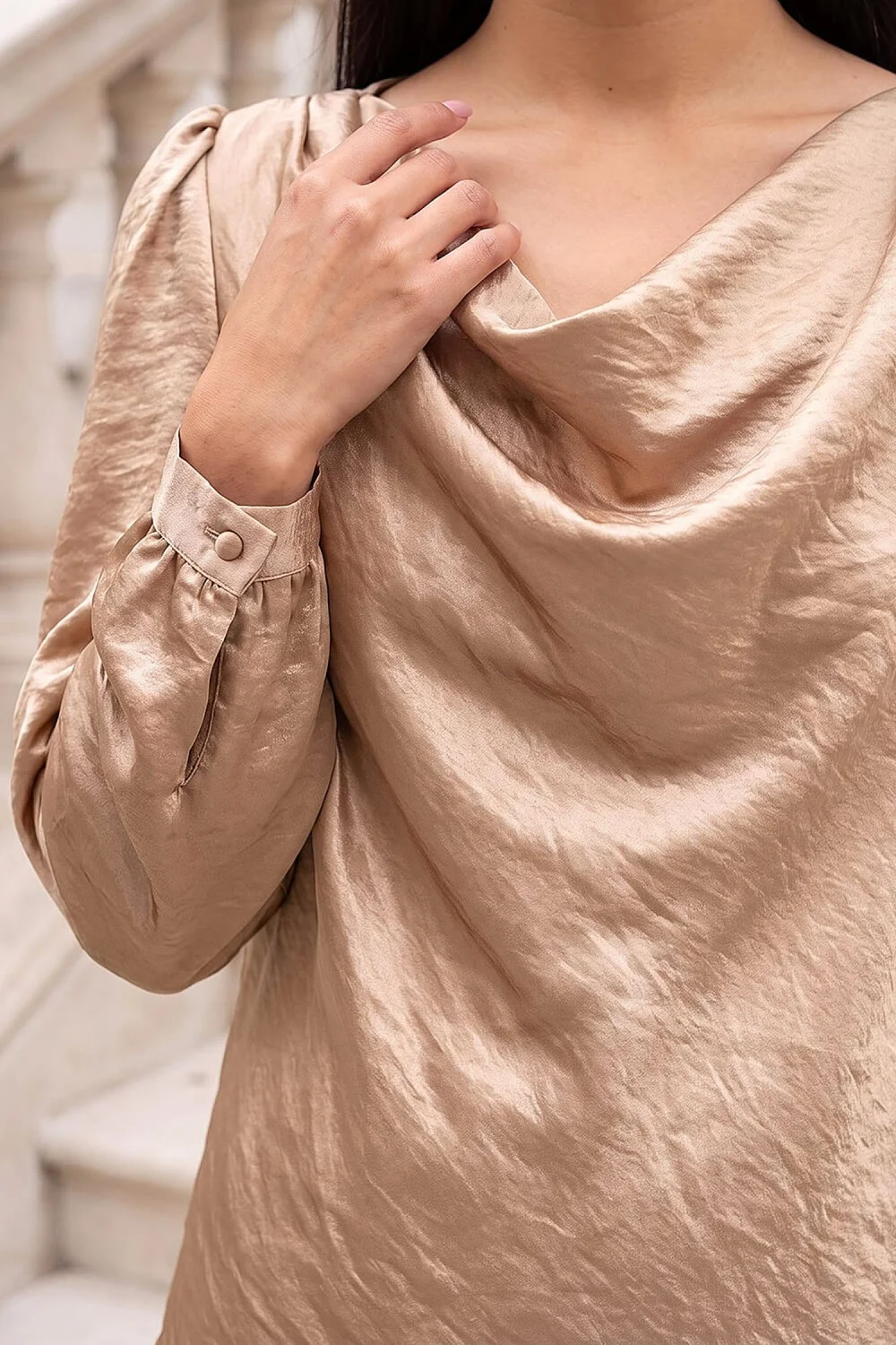 Roman Gold Satin Cowl Neck Top - 18 Image 4