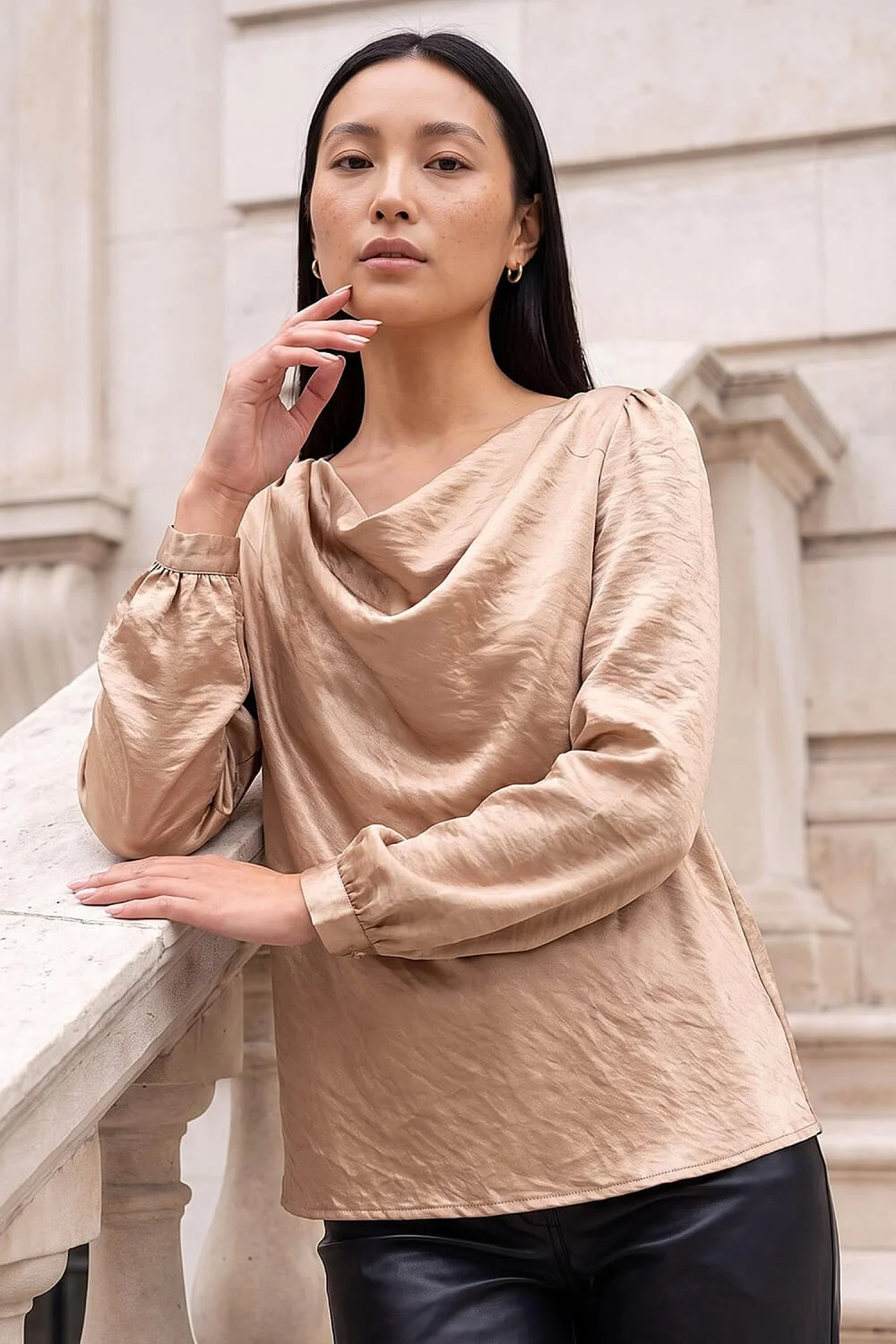 Roman Gold Satin Cowl Neck Top - 18 Image 1