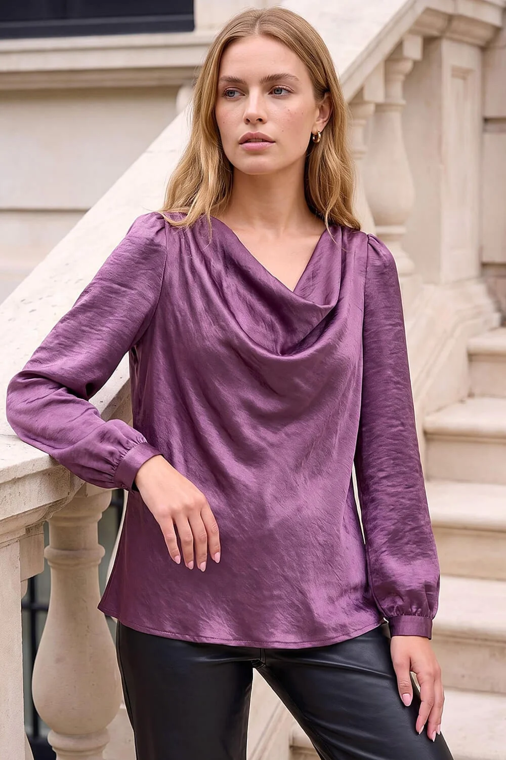Roman Purple Satin Cowl Neck Top - 10 Image 1