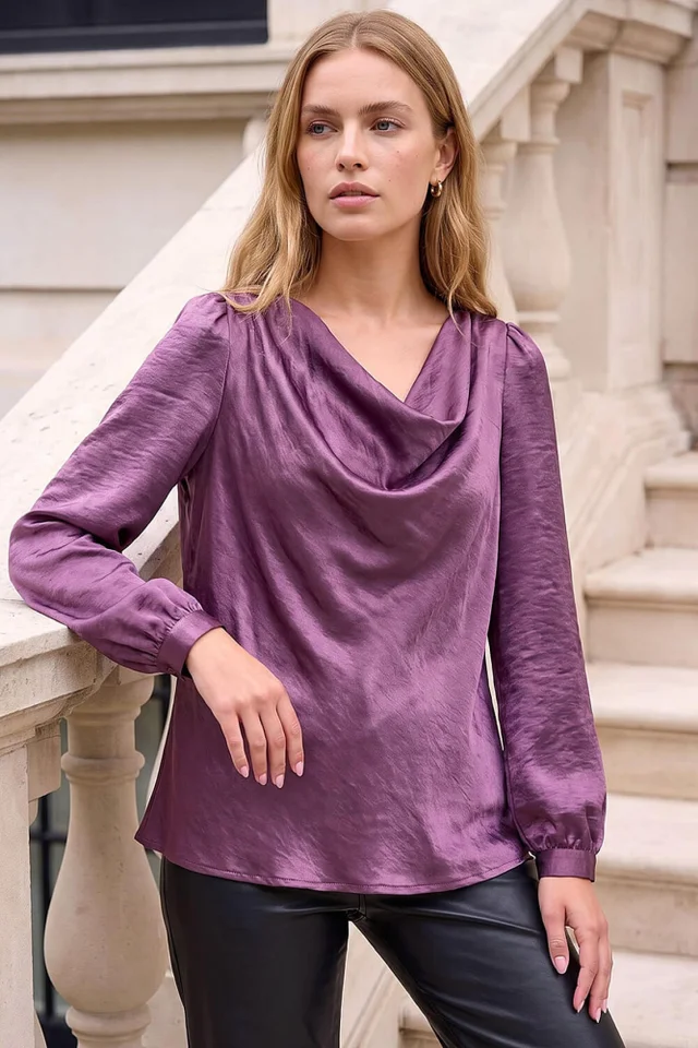 Roman Purple Satin Cowl Neck Top