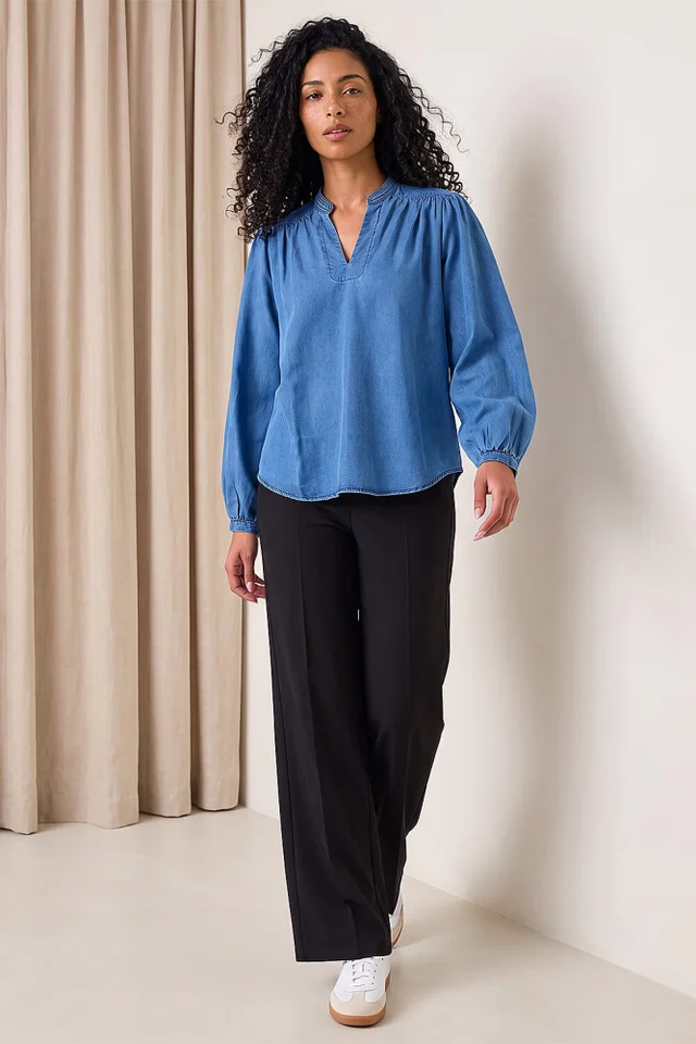 Roman Blue V-Neck Gathered Denim Top