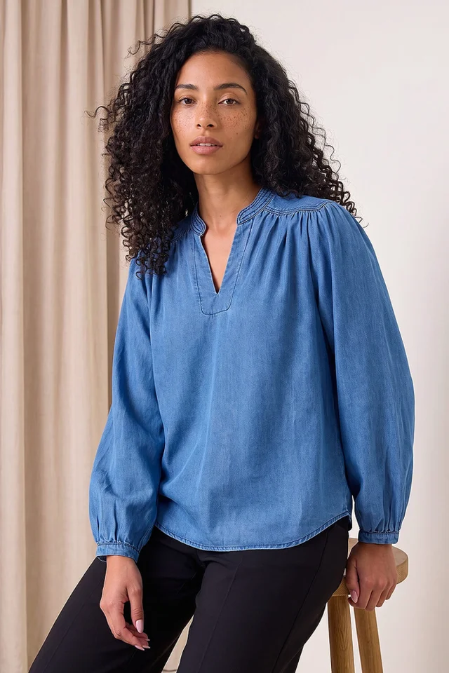Roman Blue V-Neck Gathered Denim Top