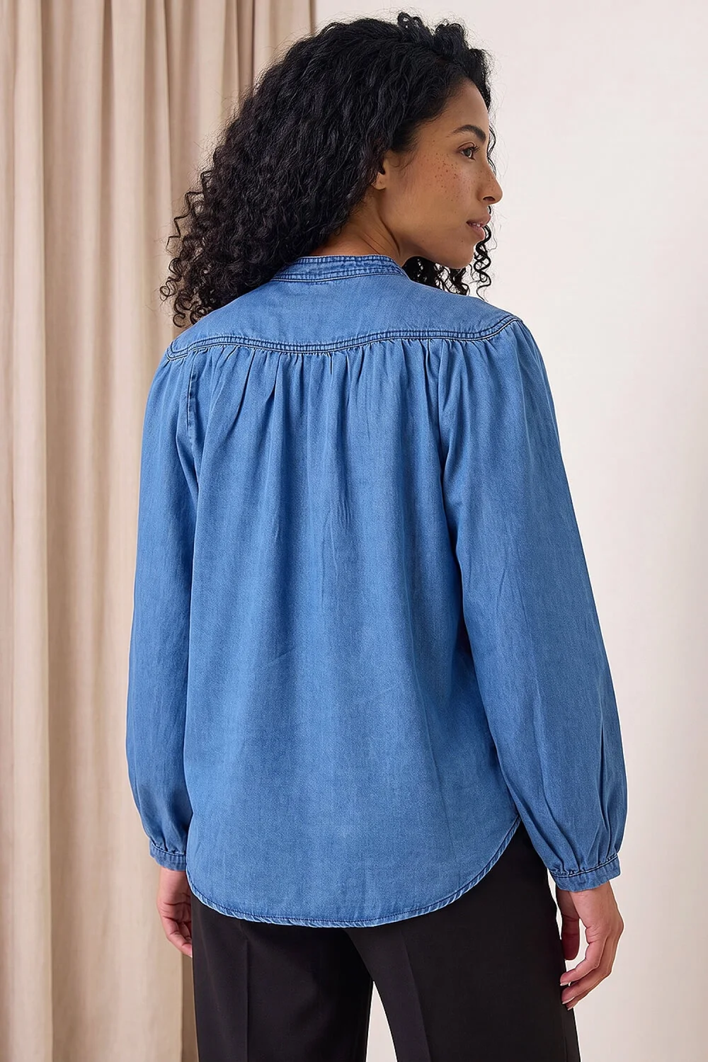 Roman Blue V-Neck Gathered Denim Top - 12 Image 3