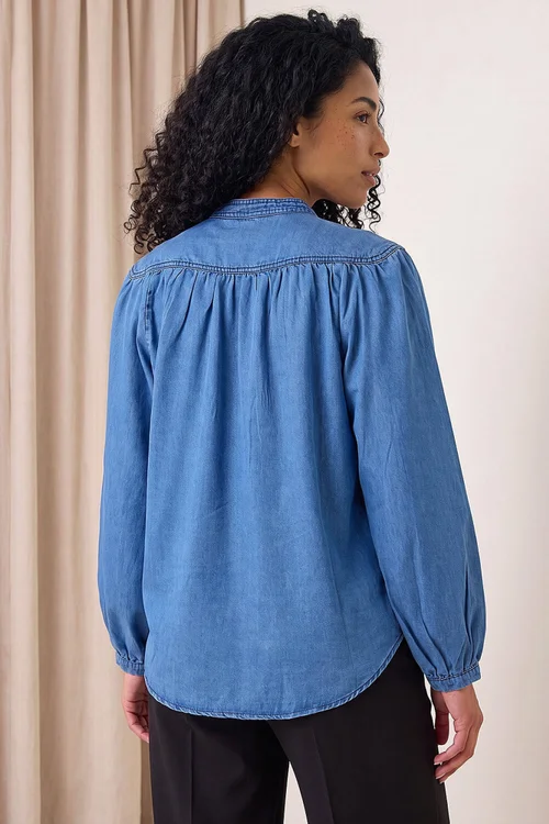 Roman Blue V-Neck Gathered Denim Top - 12 Image 3